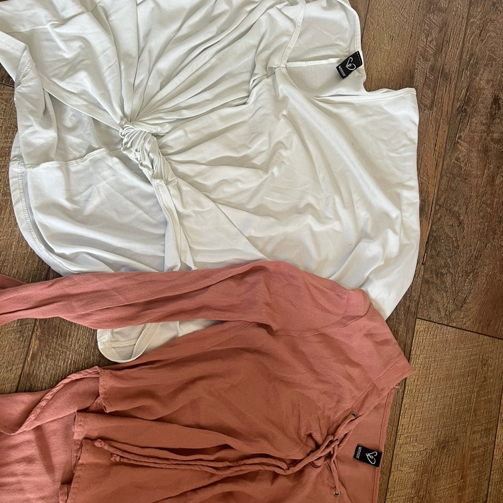 TWO WINDSOR SHIRTS, WHITE TIES AT THE FRONT, MAROON BOW, CROPPED SIZE SMALL
